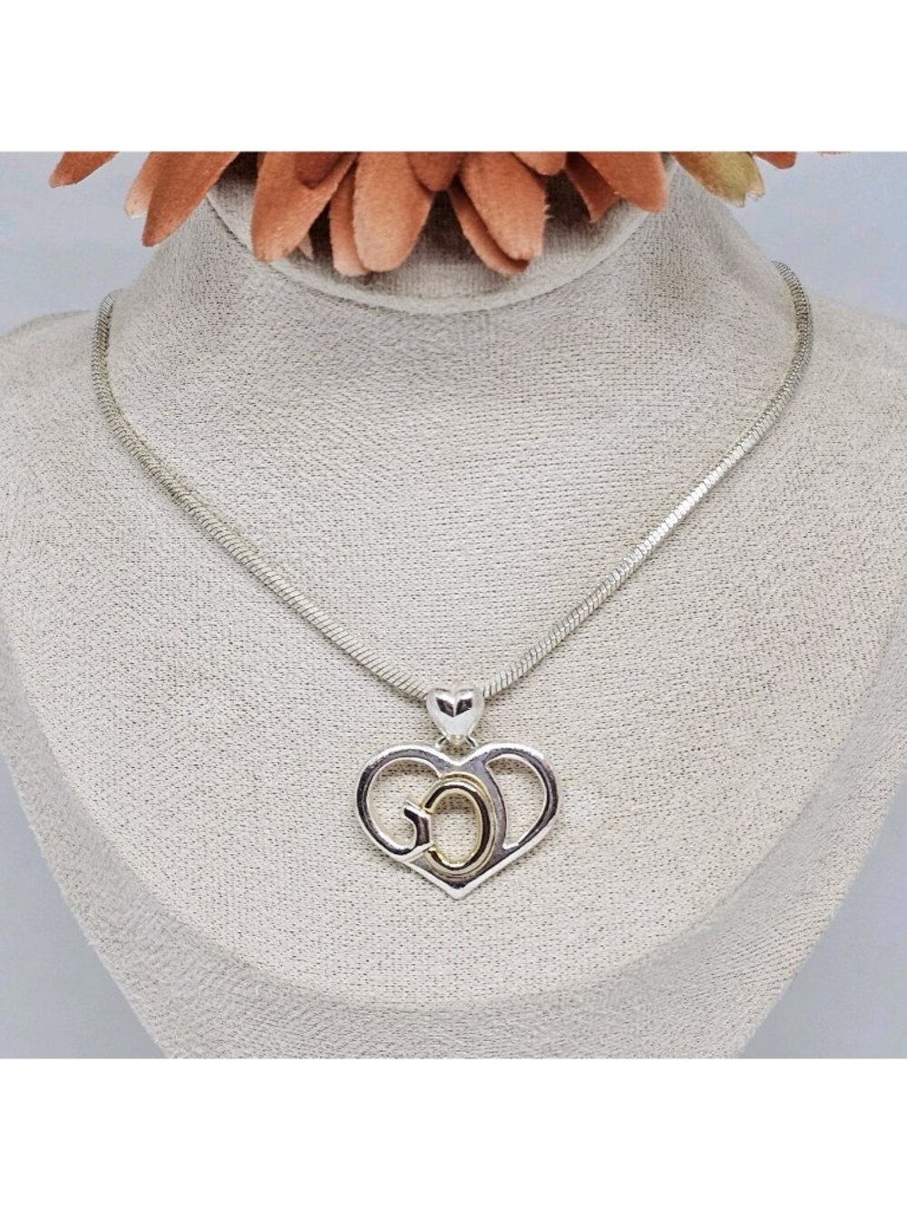 St. John God's Heart Pendant Necklace SJ Snake Chain Silver & Gold Tone Jewelry